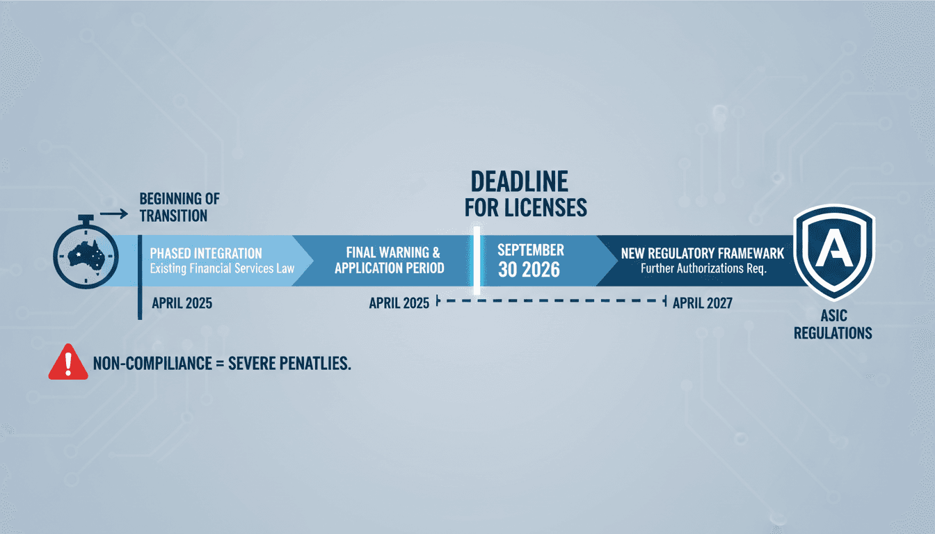 A timeline graphic showing Australia's crypto licensing deadline and key regulatory milestones.