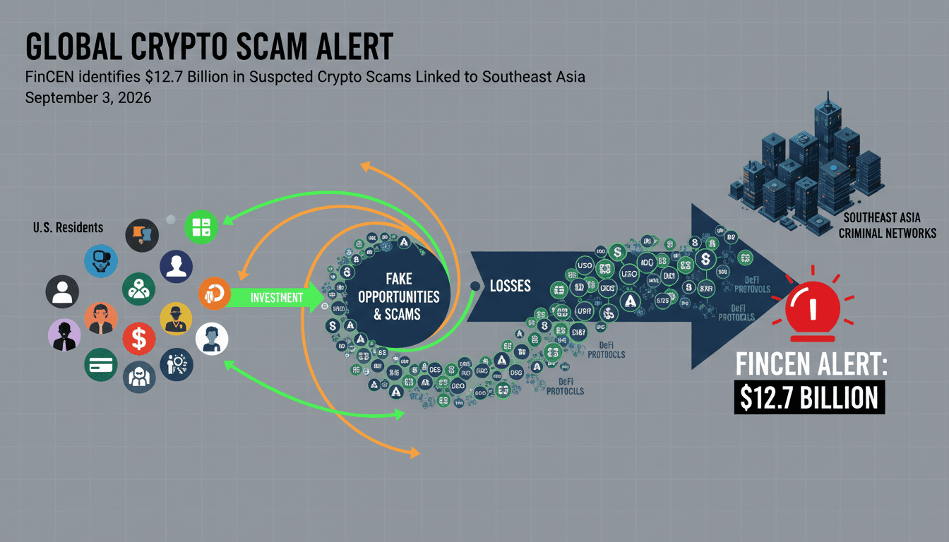 Infographic showing the flow of funds in $12.7 billion crypto scams linked to Southeast Asia.