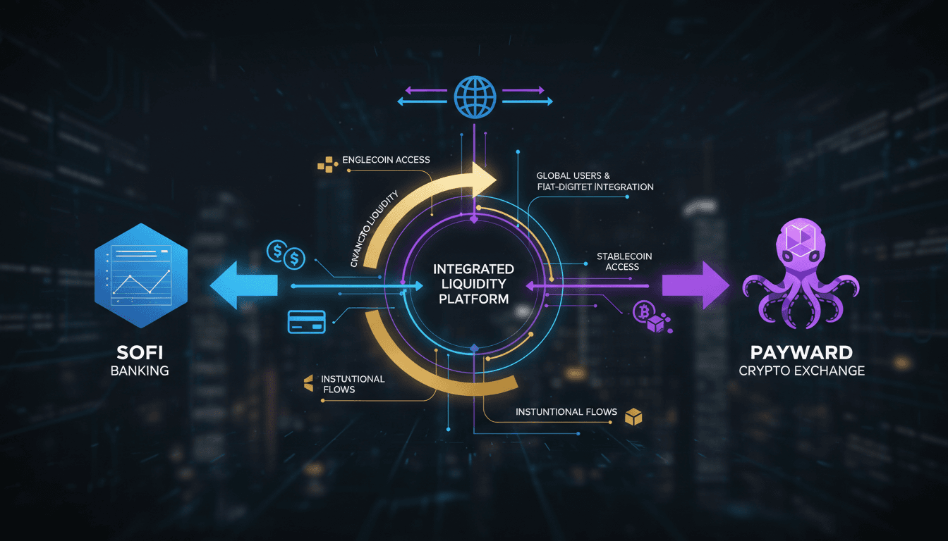 Infographic showing the integration of SoFi and Kraken's services, focusing on liquidity and transaction flow.