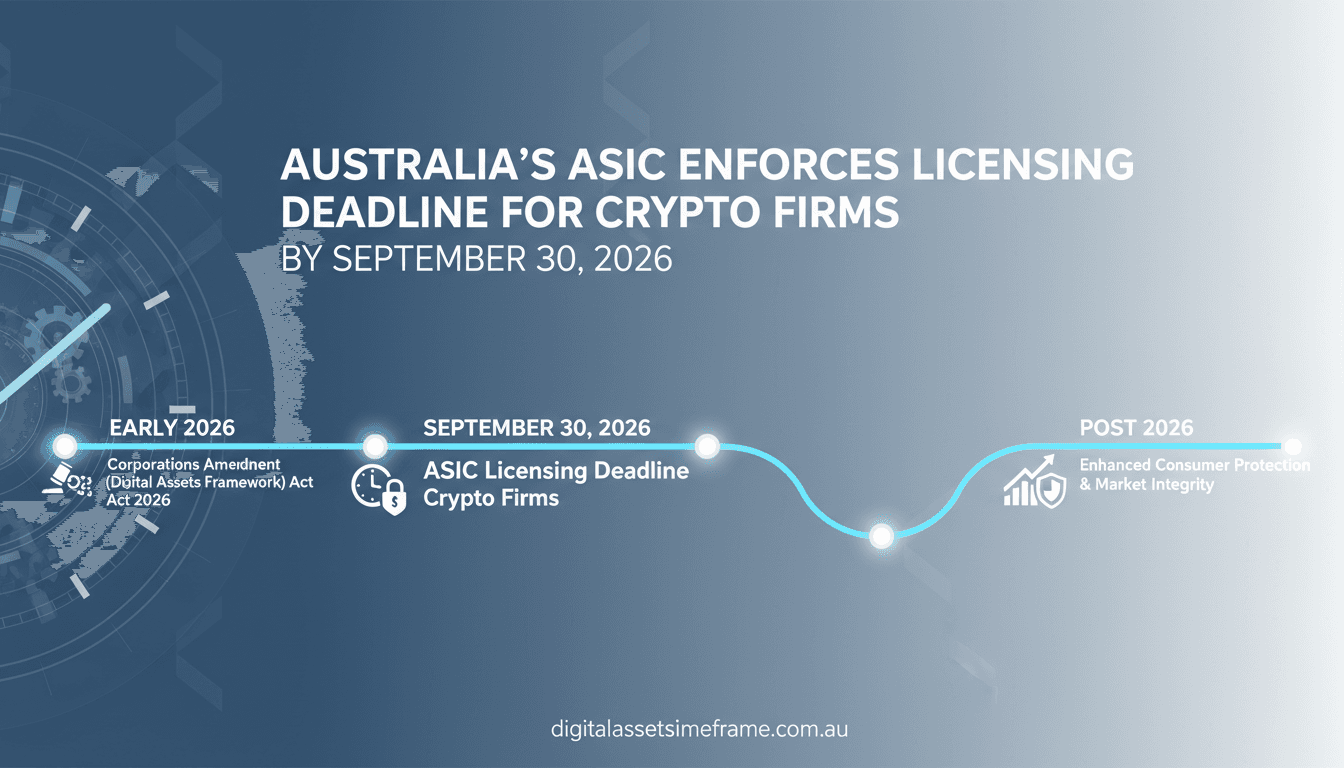 A visual timeline of Australia's ASIC crypto licensing deadline and regulatory changes.