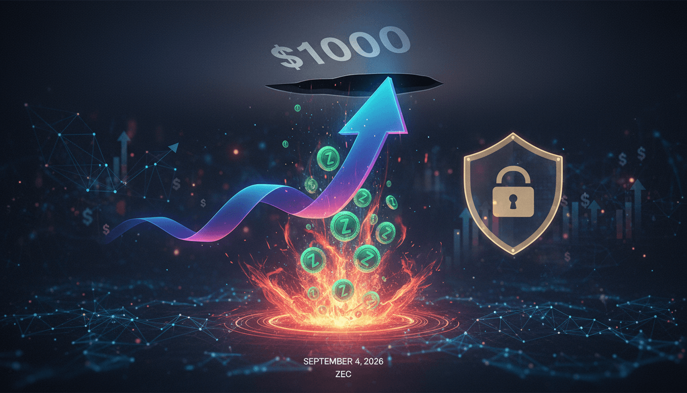 A graphic showing Zcash's price surge above $1,000 and its implications for privacy in cryptocurrency.