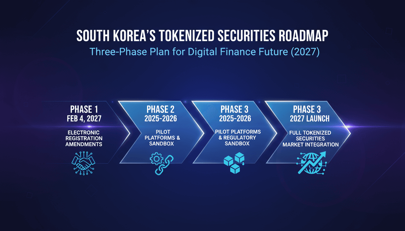 Infographic showing South Korea's tokenized securities roadmap phases and key milestones.