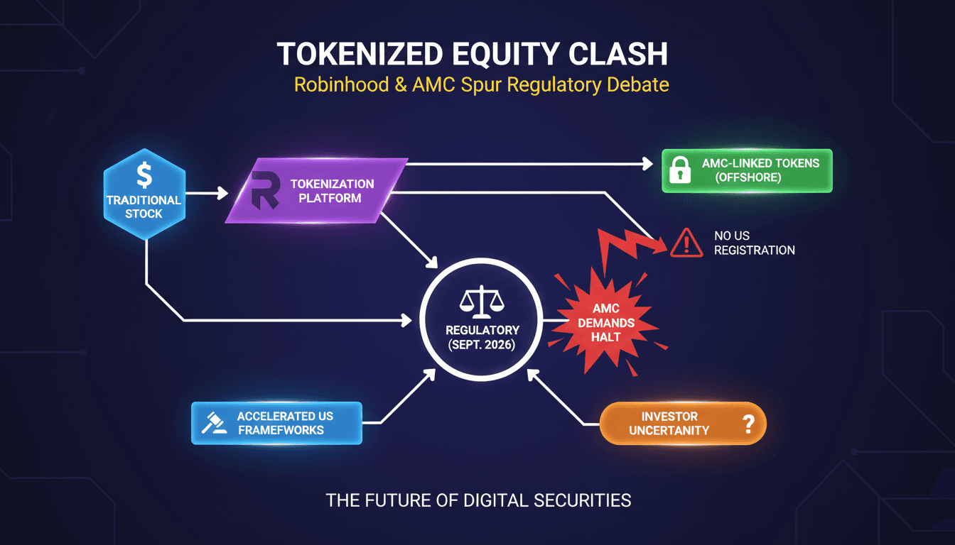 Infographic showing the Robinhood-AMC tokenized equity dispute and its regulatory implications.