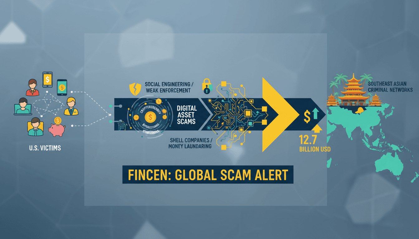 Infographic showing the flow of funds from U.S. victims to Southeast Asian scam operations, highlighting the laundering process through stablecoins.
