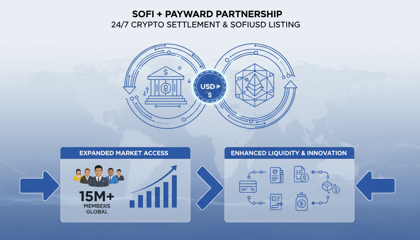 Infographic illustrating the SoFi and Payward partnership's impact on crypto trading and liquidity access.