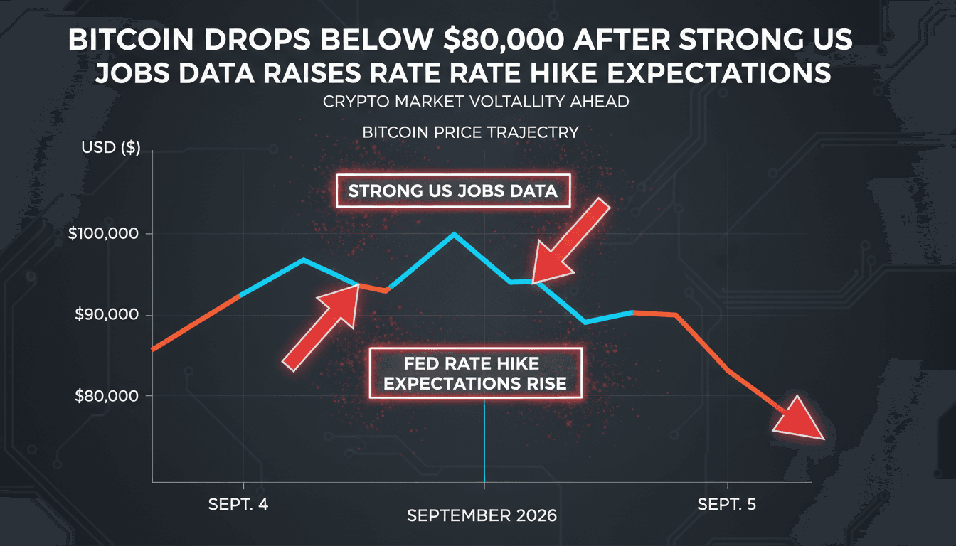 A graph depicting Bitcoin's price decline below $80,000 alongside US job growth data.