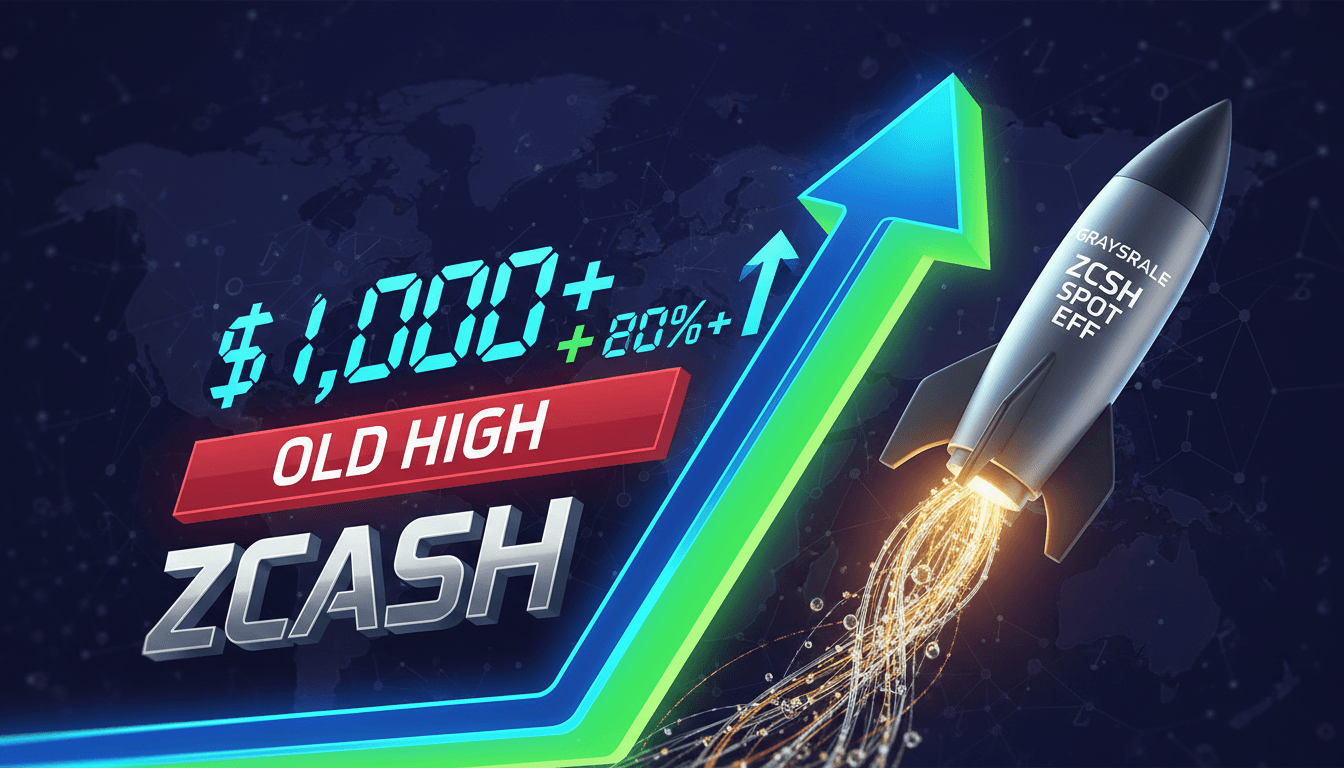 A graphic showing Zcash's price surge and the launch of the Grayscale ZCSH ETF.