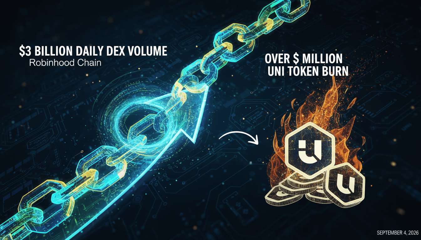 Infographic showing Robinhood Chain's $3 billion DEX volume and the $1.15 million UNI token burn.