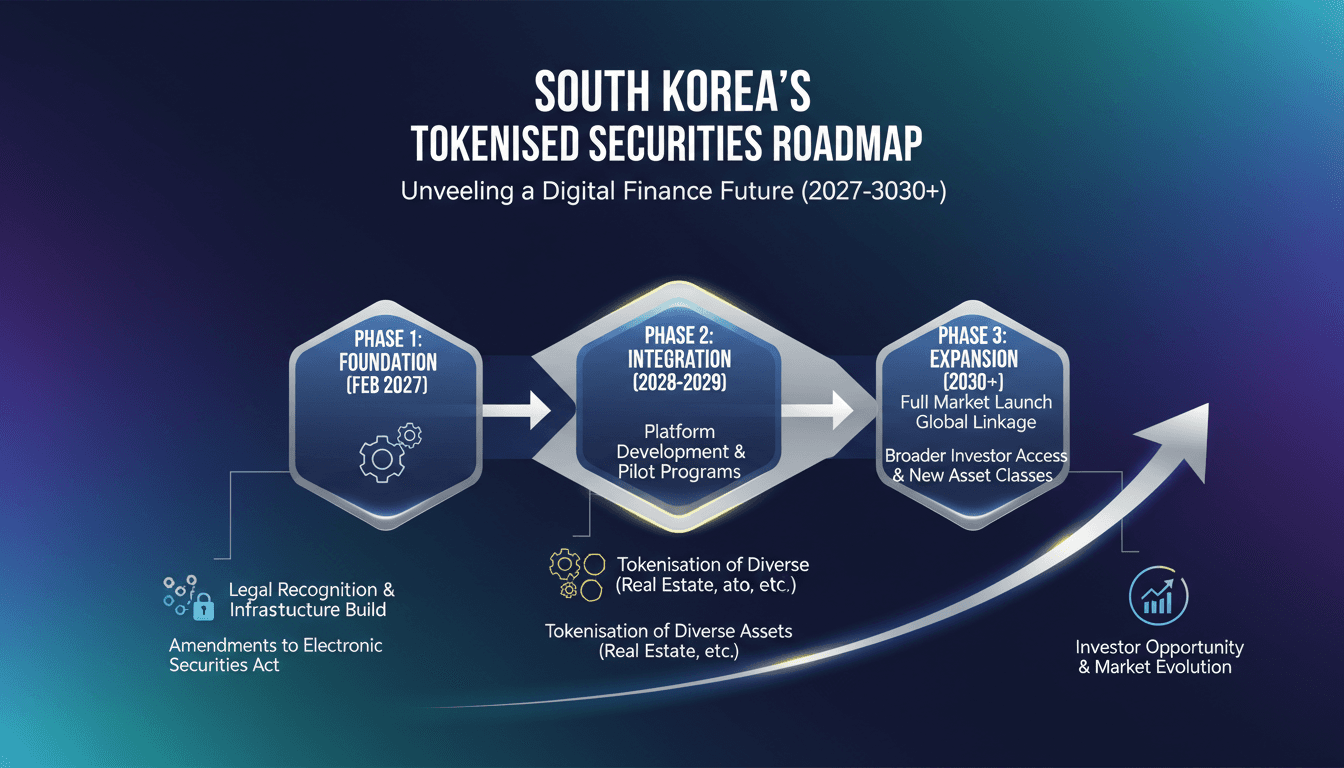 Infographic showing South Korea's tokenised securities roadmap phases and implications for investors.