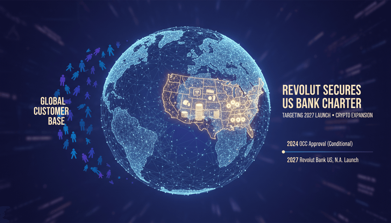A visual representation of Revolut's global reach and upcoming US banking services.