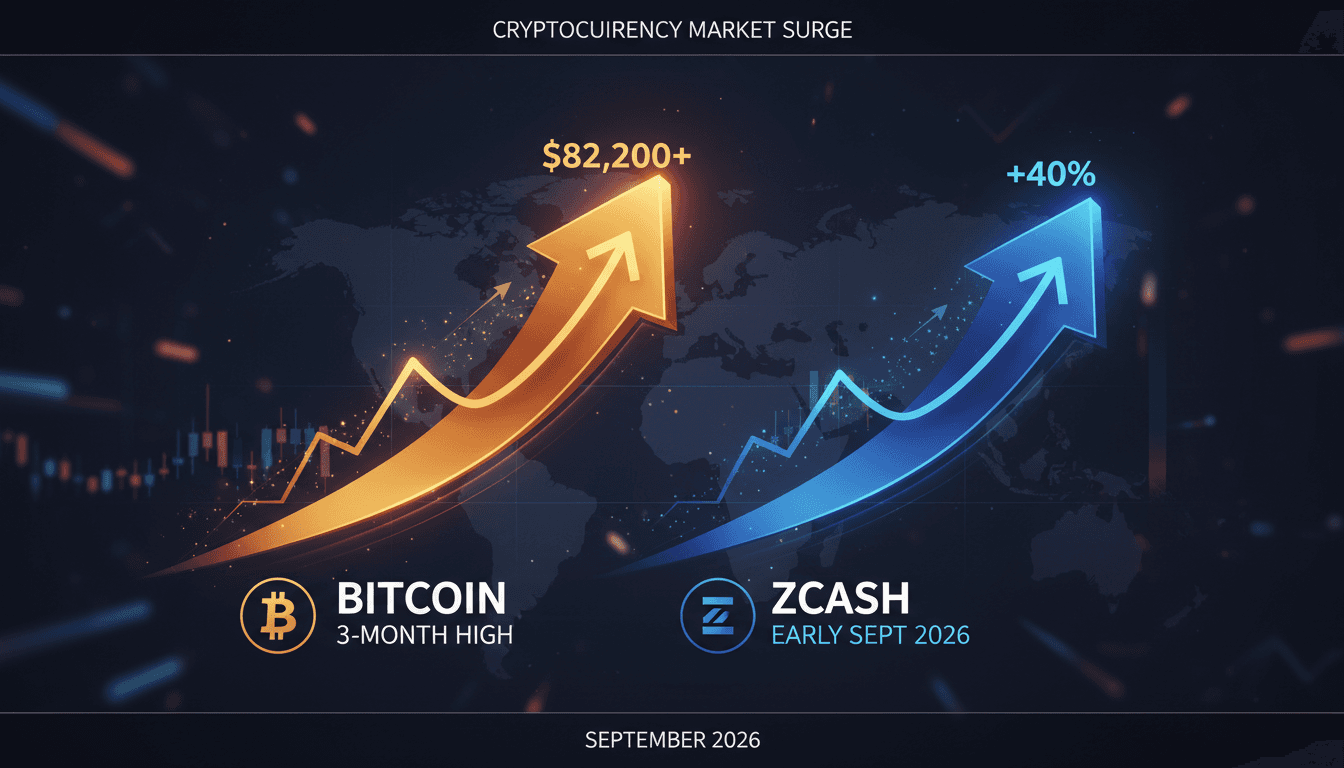 A graphic showing the upward trend of Bitcoin and Zcash prices, symbolizing the crypto market's resurgence.