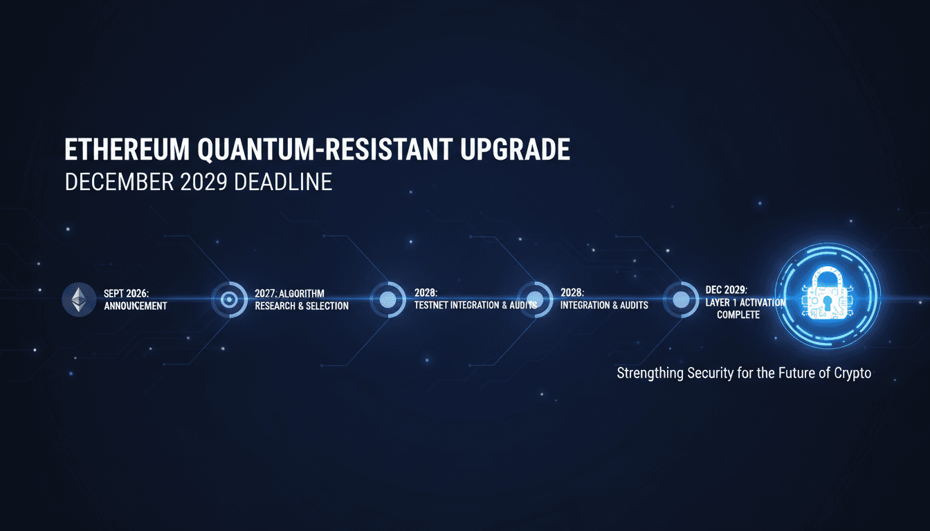 A timeline graphic showing Ethereum's roadmap to quantum resistance, emphasizing key milestones and deadlines.