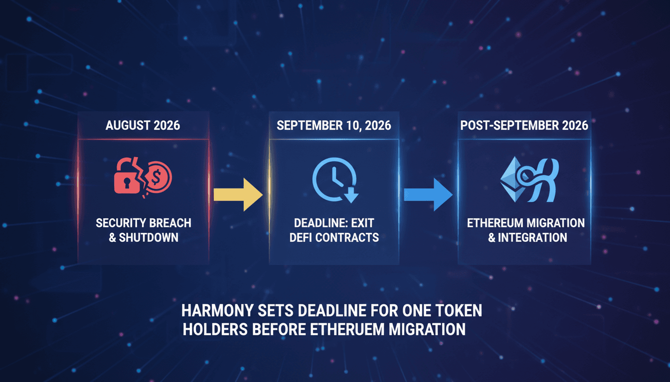 A timeline graphic showing the Harmony ONE token migration deadline and key actions for holders.