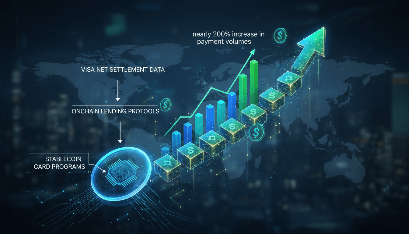 Infographic showing Visa's stablecoin card program growth and onchain lending integration.