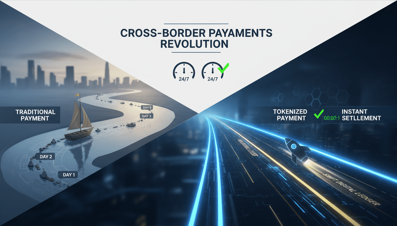 An infographic showing the speed of tokenized USD payments compared to traditional banking methods.
