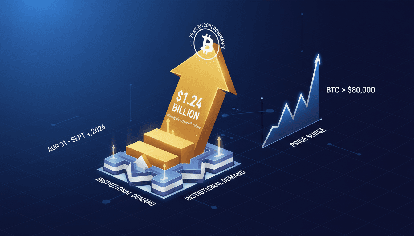 A graphic showing the surge in U.S. crypto ETF inflows, highlighting Bitcoin's dominance in the market.