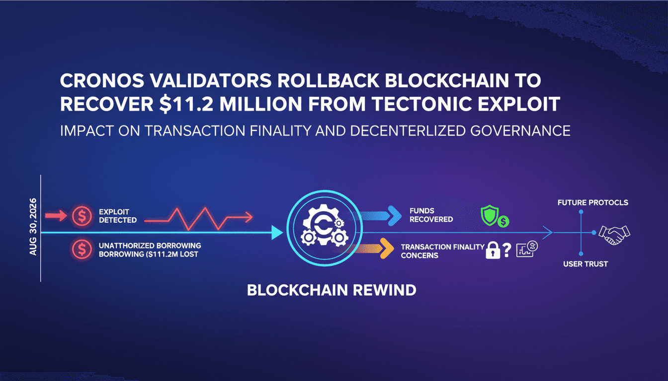 A timeline graphic showing the Cronos blockchain rollback process and its impact on transactions.