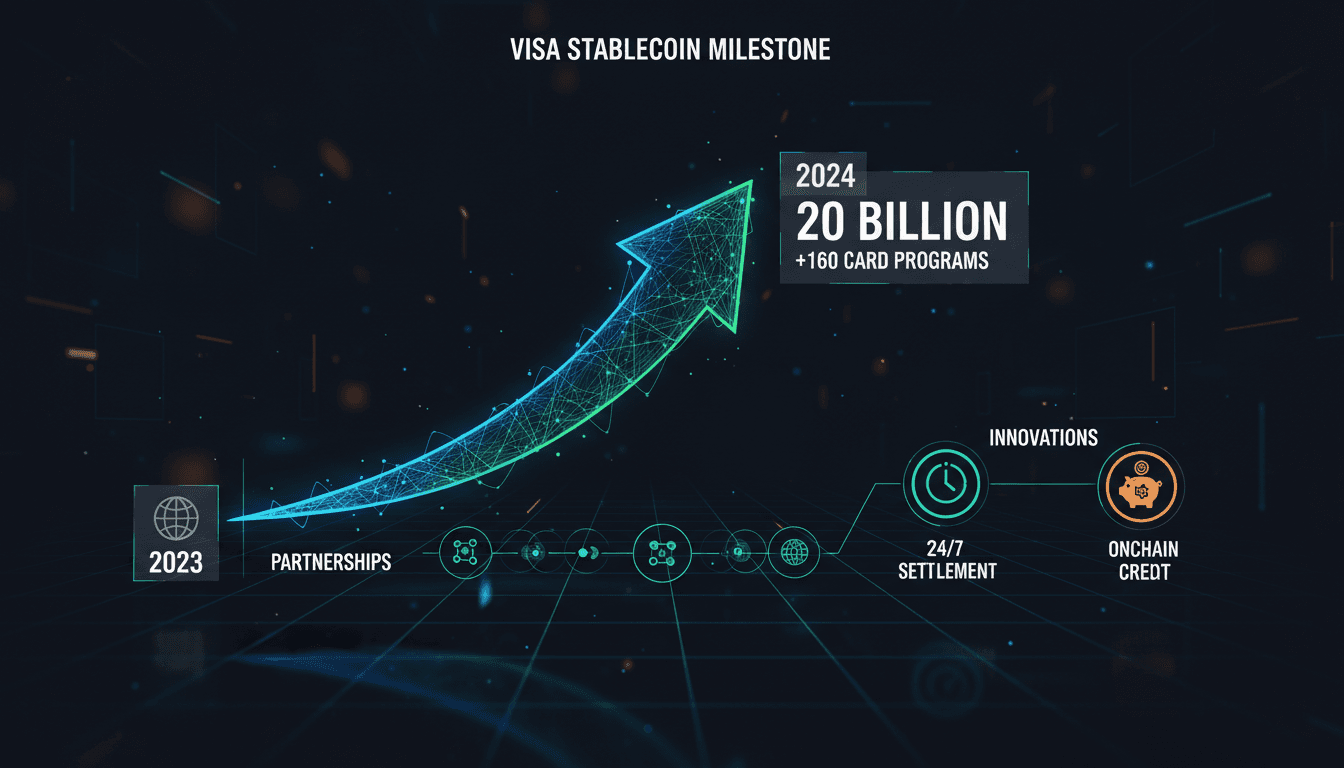 Infographic showing Visa's stablecoin settlement growth and key partnerships.