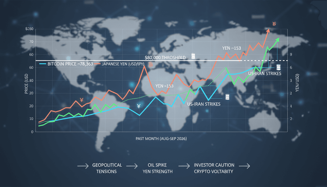 A chart showing Bitcoin prices, yen strength, and oil prices, highlighting market dynamics.