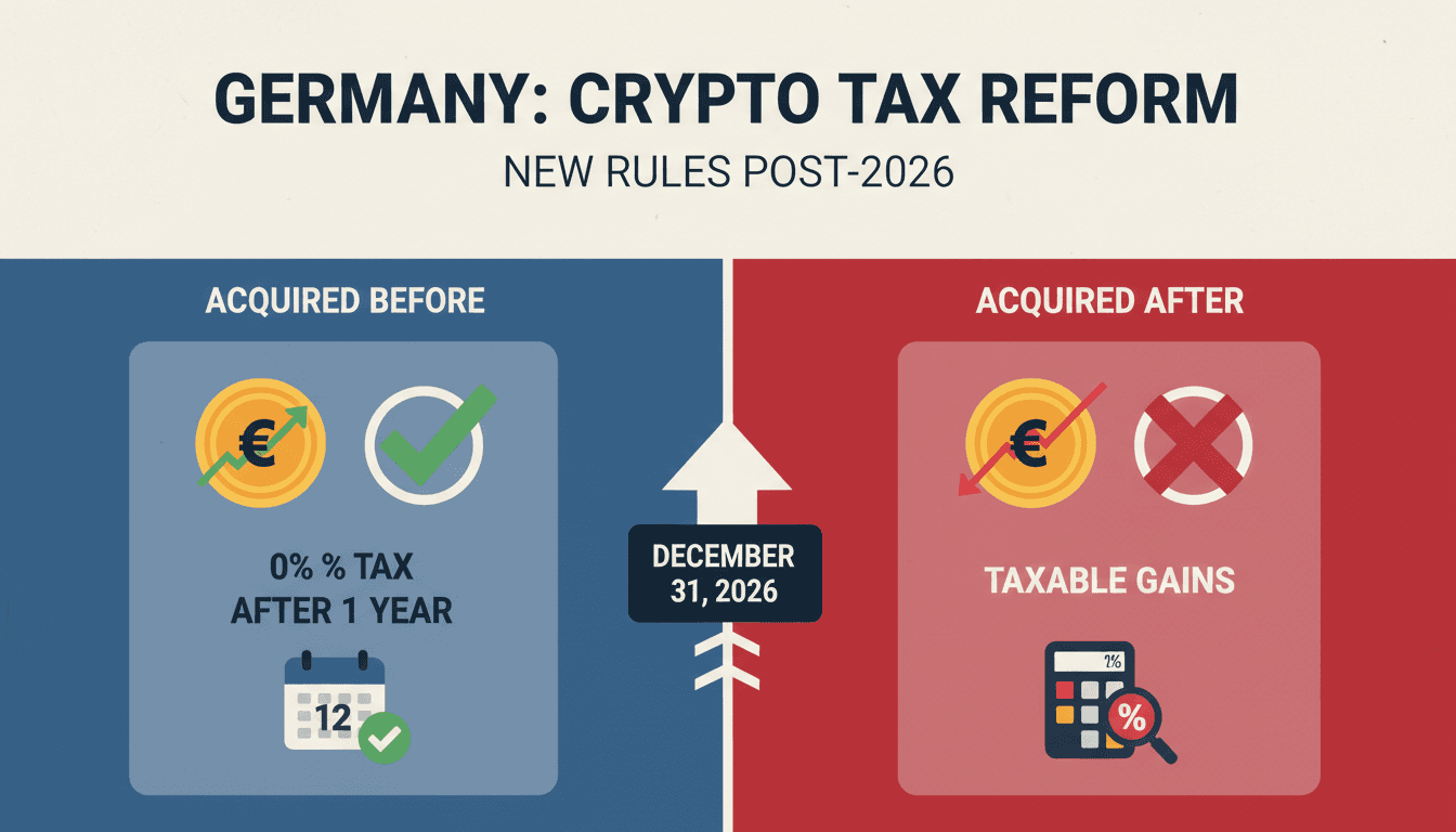 Infographic showing Germany's new cryptocurrency tax proposal and its implications for investors.
