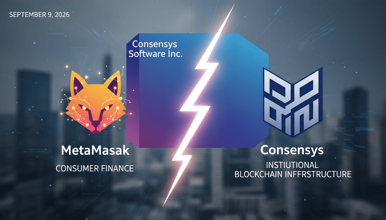 Graphic showing the split of Consensys into MetaMask and a new institutional infrastructure company.