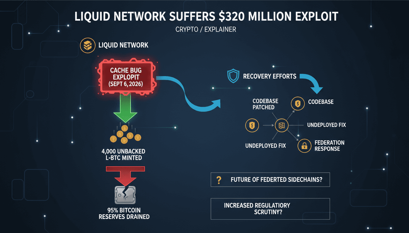 Infographic showing the $320 million exploit of the Liquid Network and its implications for Bitcoin security.