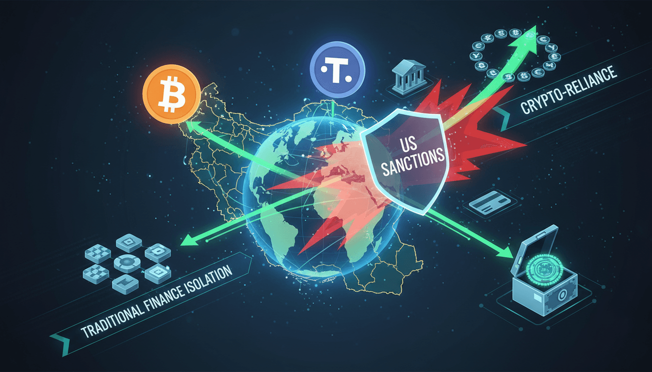 Infographic showing Iran's shift to cryptocurrency for trade under US sanctions, highlighting bitcoin and Tether usage.