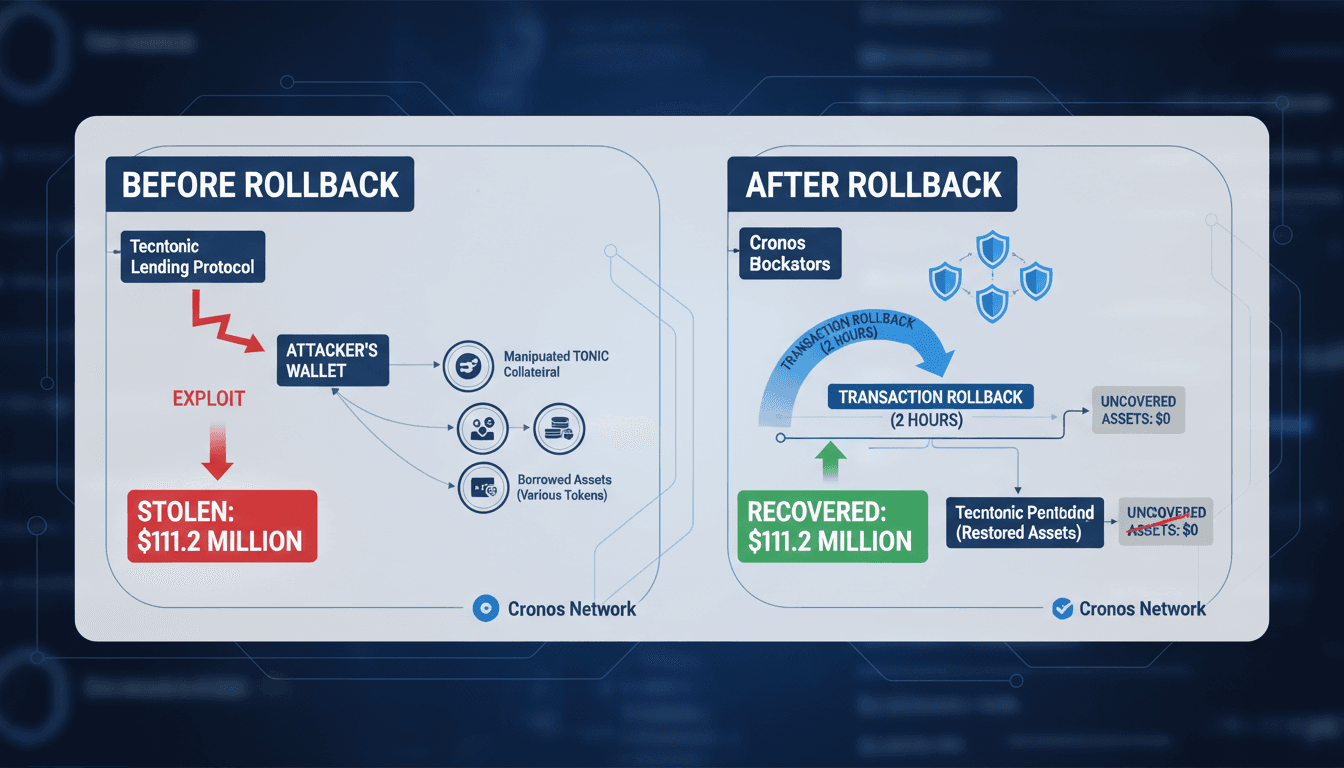 Infographic showing the recovery of $111.2 million after the Cronos rollback following the Tectonic exploit.
