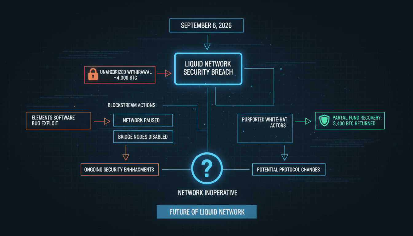 A flowchart showing the Liquid Network security breach timeline and key actors involved.