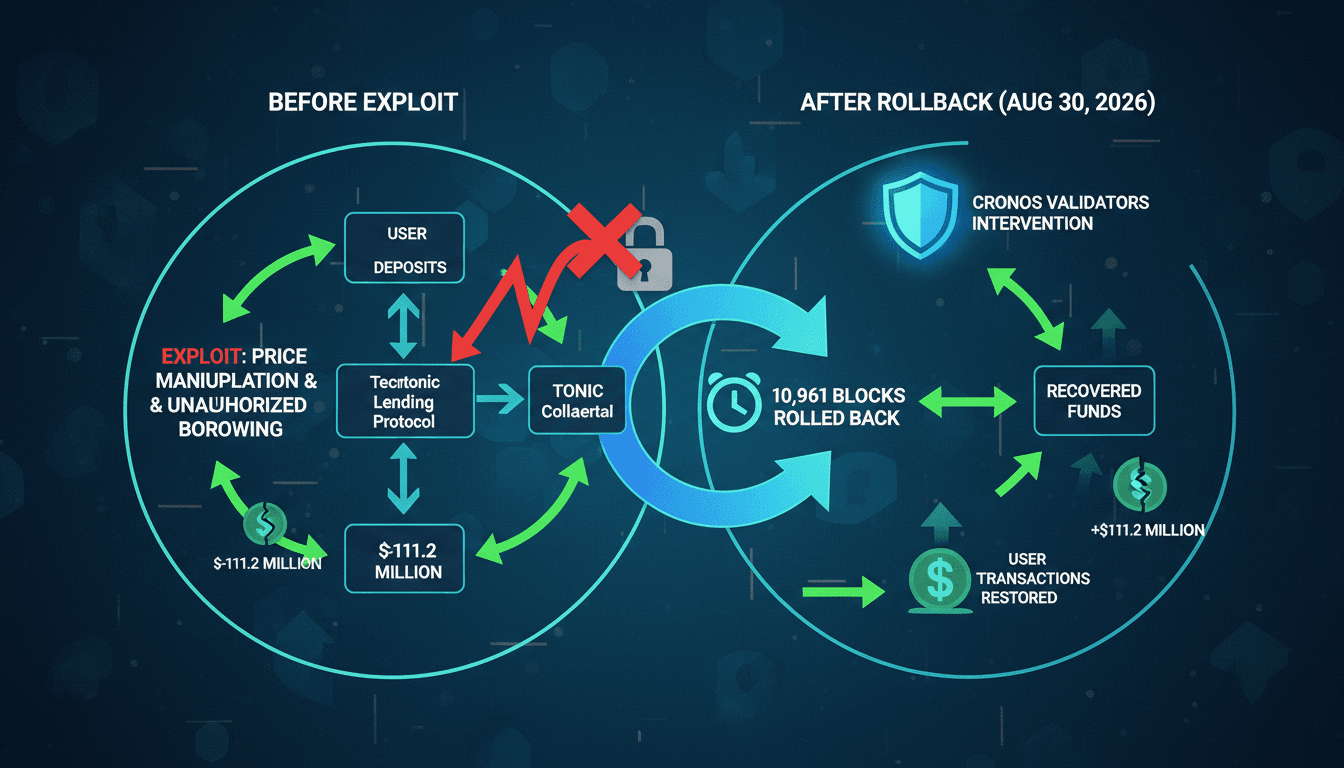 Infographic showing the Cronos blockchain rollback process and its impact on DeFi transactions.