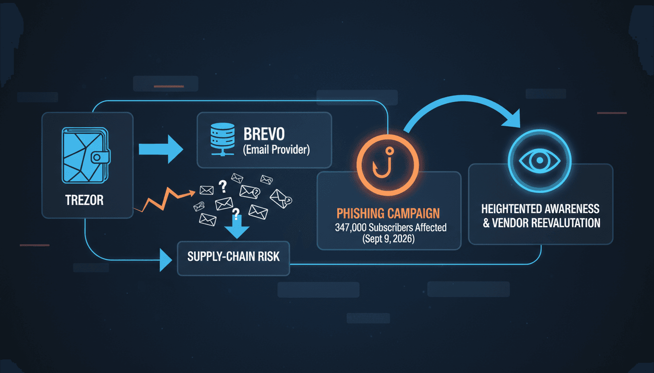 A visual representation of the Trezor phishing campaign following the Brevo email provider breach.