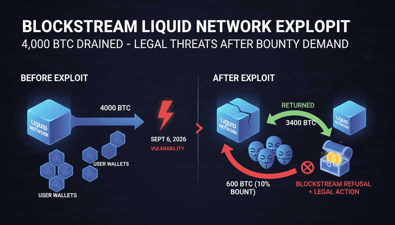 Infographic illustrating the 4,000 BTC exploit on Blockstream's Liquid Network and the subsequent ransom demand.