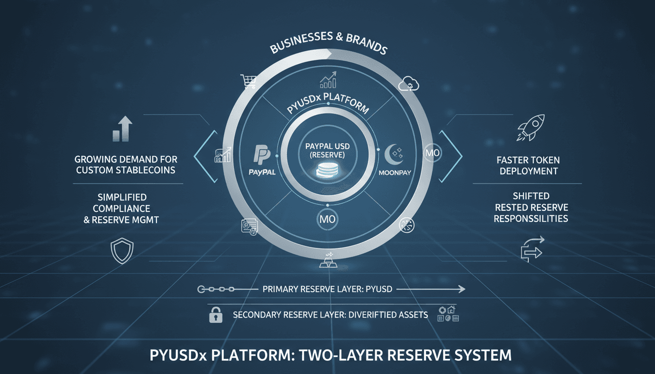 Infographic showing the two-layer reserve system of PayPal's PYUSDx platform and its impact on stablecoin issuance.