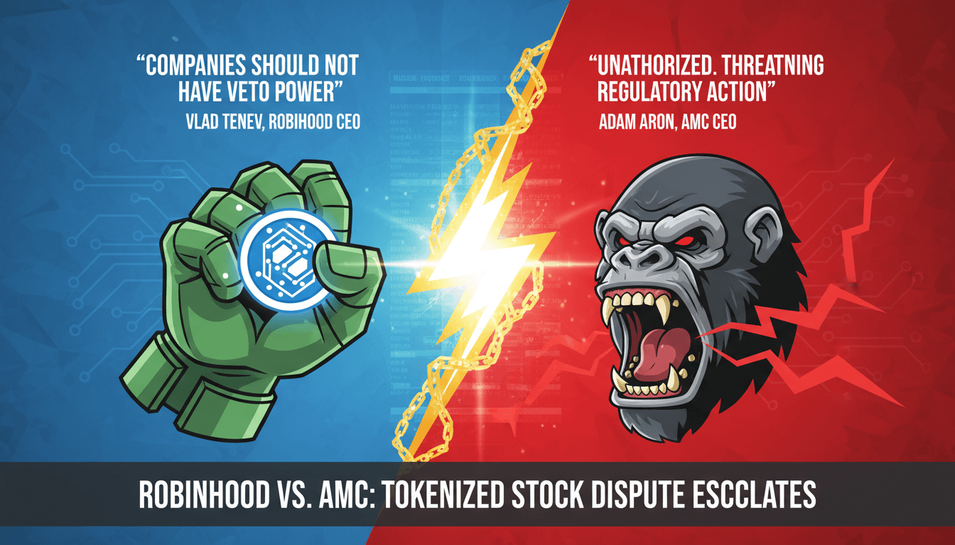 Illustration of Robinhood and AMC CEOs in a public dispute over tokenized stocks, highlighting regulatory concerns.