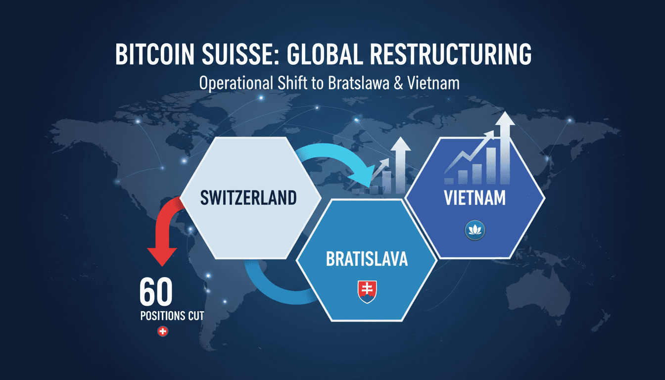 Infographic showing Bitcoin Suisse's operational shift from Switzerland to Bratislava and Vietnam, highlighting job cuts.
