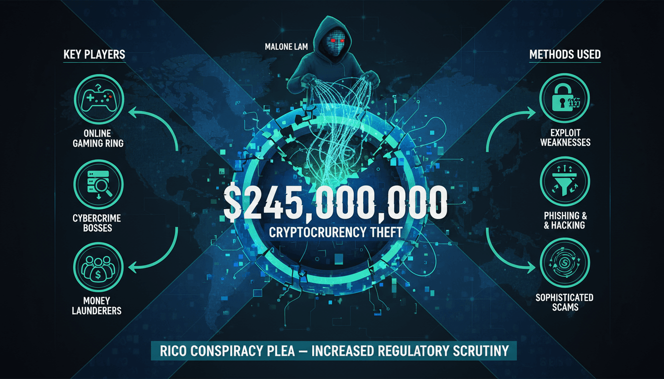 Infographic detailing Malone Lam's $245 million cryptocurrency theft and the cybercrime network involved.