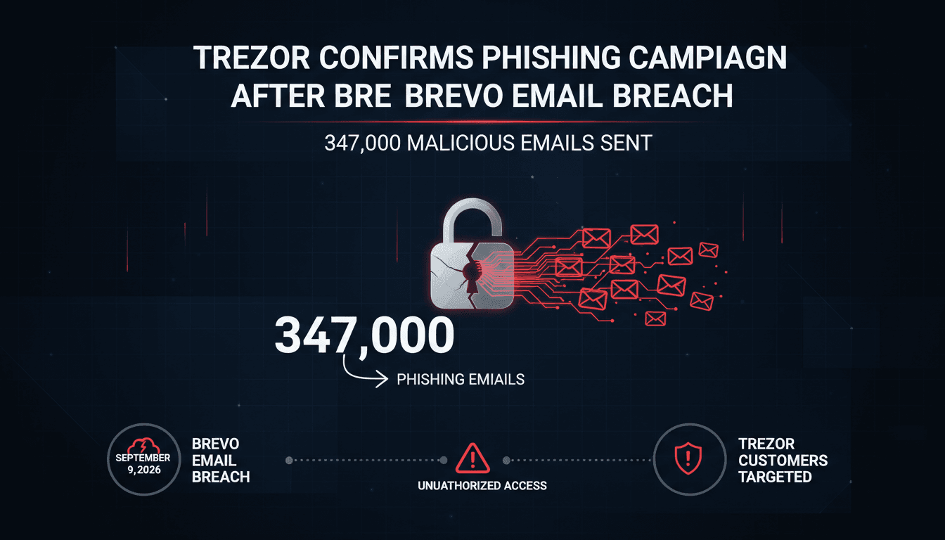 Infographic showing Trezor phishing emails sent after Brevo breach, highlighting the number and timeline.