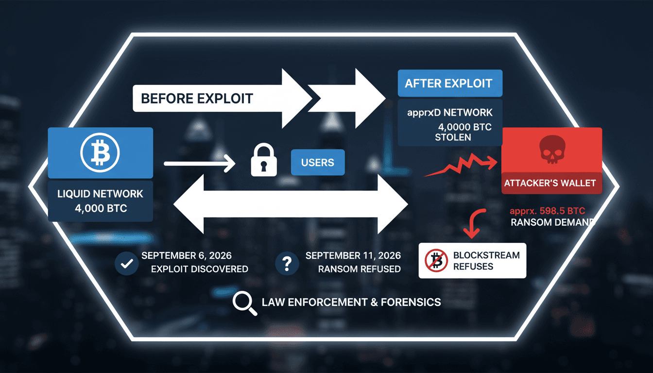 Infographic showing the flow of Bitcoin before and after the Liquid Network exploit, highlighting the amounts involved.