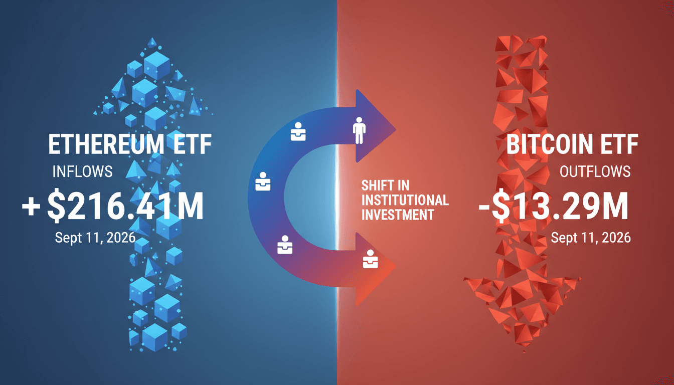 Infographic showing the inflow of Ether ETFs and outflow of Bitcoin ETFs, highlighting the shift in institutional investment strategies.