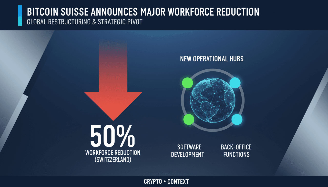 Infographic depicting Bitcoin Suisse's workforce reduction and new operational hubs in Bratislava and Vietnam.