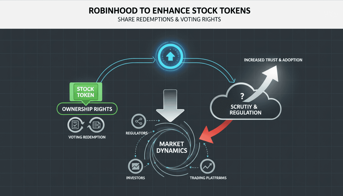 Infographic showing Robinhood's stock tokens, ownership rights, and market implications.