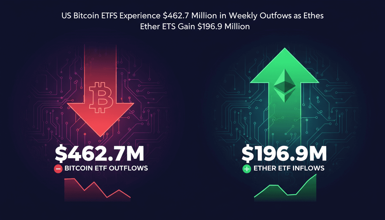 Infographic showing Bitcoin ETF outflows and Ether ETF inflows, highlighting market shifts.