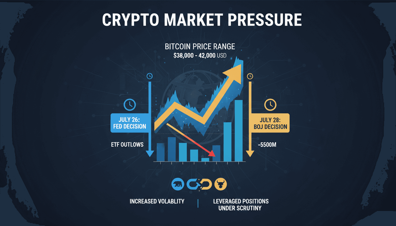 Infographic illustrating Bitcoin price range and ETF outflows amid Fed and BoJ decisions.