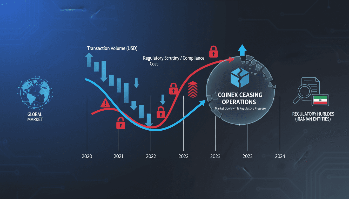 Infographic showing CoinEx's transaction volume and compliance challenges in the cryptocurrency market.