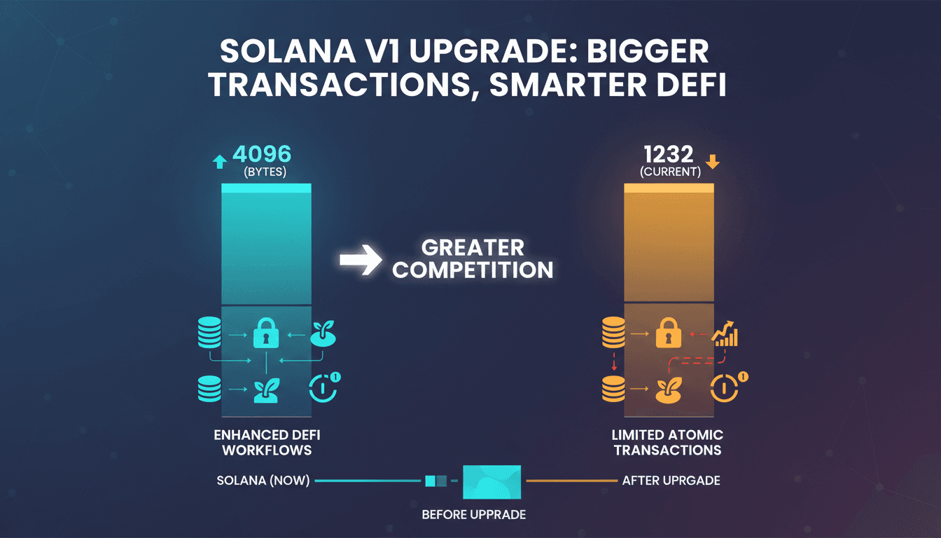 A visual representation of Solana's Transaction V1 upgrade, highlighting the increase in transaction size and its benefits for DeFi applications.