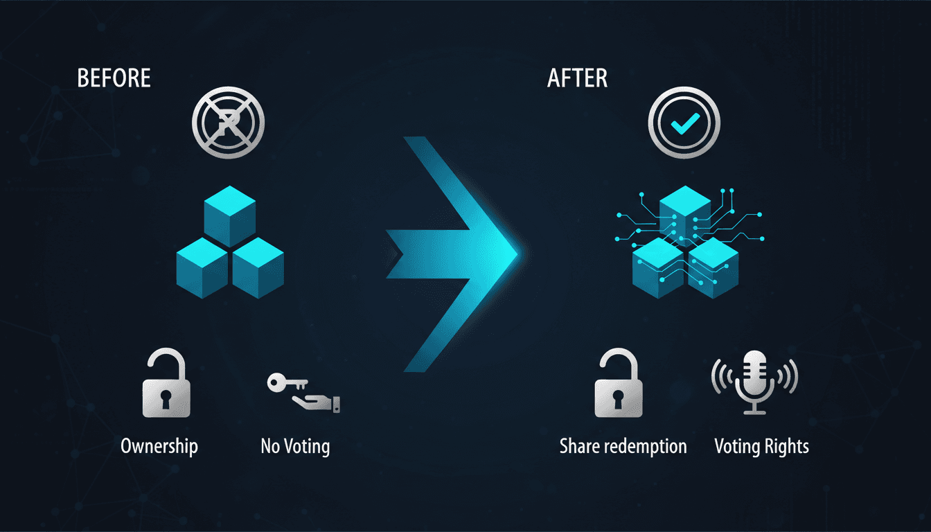 Infographic showing Robinhood's transition to include share redemptions and voting rights for Stock Tokens.