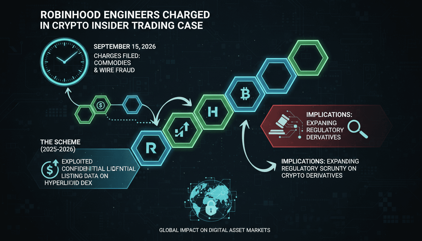 Infographic showing the timeline of charges against Robinhood engineers for insider trading in crypto derivatives.
