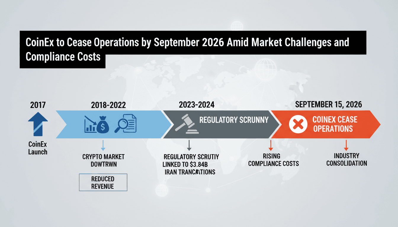 Infographic detailing CoinEx's closure timeline and compliance challenges in the cryptocurrency sector.
