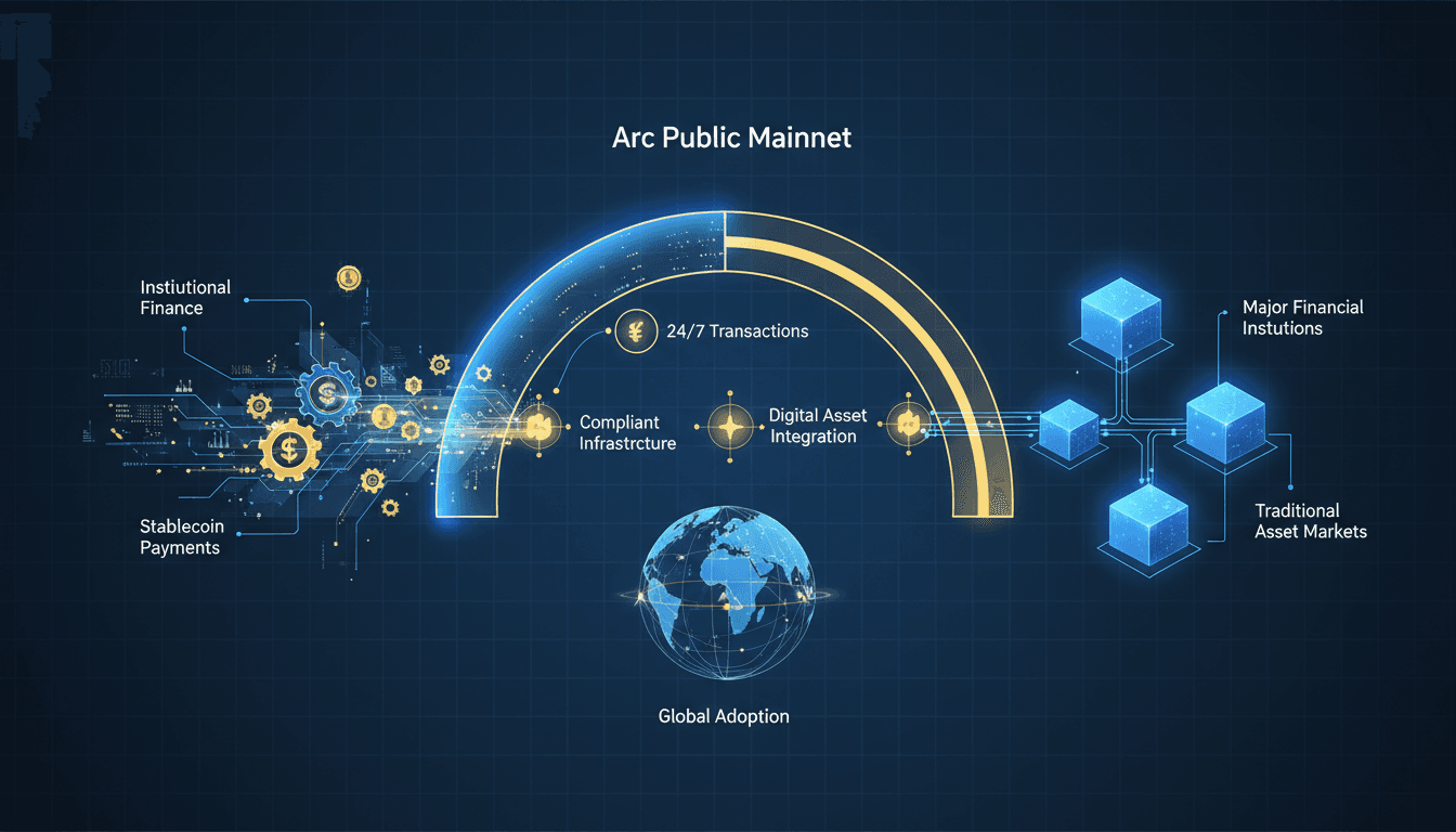 Infographic showing the integration of Circle's Arc blockchain with major financial institutions and USDC transactions.