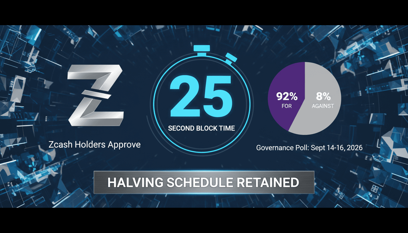 A graphic illustrating Zcash's new 25-second block time and voting results.
